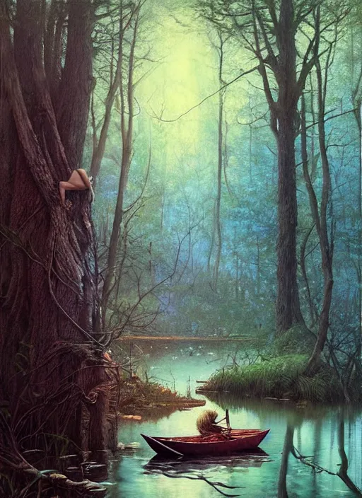 Image similar to boat in the woods by a river gorgeous lighting, lush forest foliage blue sky a hyper realistic painting by chiara bautista and beksinski and norman rockwell and greg rutkowski, tom bagshaw weta studio, and lucasfilm