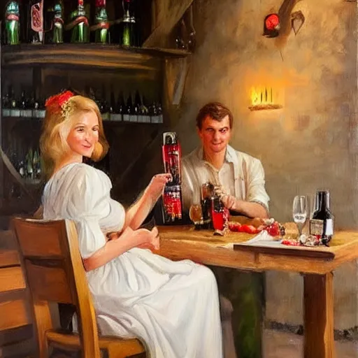 Image similar to (((((Boba Fett))))) and a beautiful young blonde drinking beer in a wine cellar, food, meat, schnapps, torches on the wall, romantic, inviting, cozy, painting by Vladimir Volegov