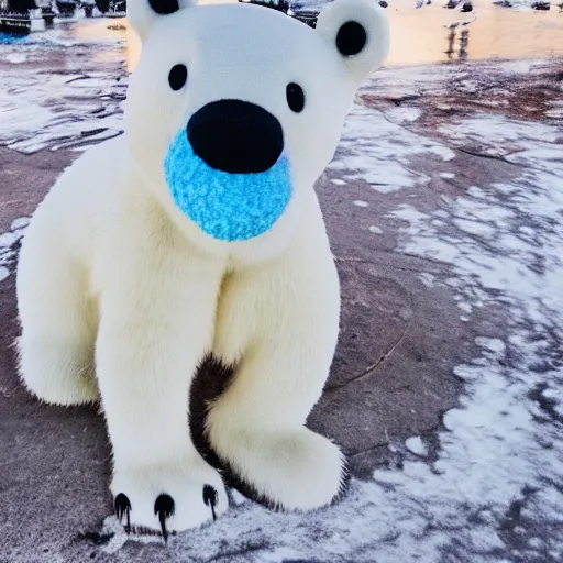 Prompt: a smiling polar bear wearing a scarf, disney