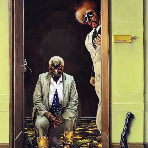 Image similar to dr. uncle ruckus telepathic space lord regally stands at the doorway of his palatial manse jamie wyeth greg rutkowski ralph steadman fernando botero norman rockwell acrylic painting