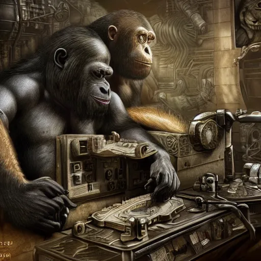 Image similar to Steam computer in ancient time surrounded by apes, highly detailed, highly realistic, artstation, by Hans Giger