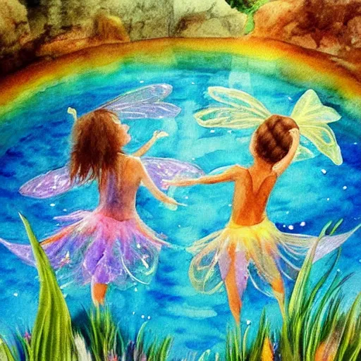 Prompt: Fairies dancing over the water at an amazing beautiful natural secret swim spot with rainbow pools under the night sky by Niroot Puttapipat, painted in watercolors