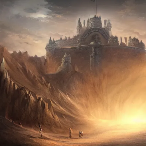 Prompt: A castle resting atop the sand of a large sand cavern with a ray of light shining from a crack above, matte painting, concept art, trending on art station, ultra high quality, detailed