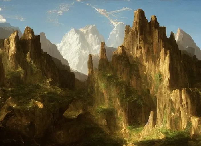 Prompt: painting of a brutalist structure in front of beautiful mountains by thomas cole