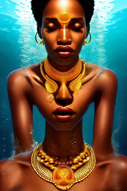 Prompt: hyperrealistic cinematic half underwater scene very expressive! translucent elegant african goddess, gold jewerly, highly detailed face, digital art masterpiece, aykut aydogdu zener, dramatic volumetric light, long shot, low angle uhd 8 k, sharp focus