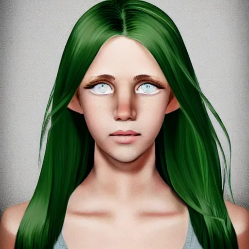 Prompt: brunette with dyed blonde hair, 15 years old, 155 cm tall, long flat hair, blonde, green big eyes, small nose, small mouth, round shaped face, big forehead, lop eared, full body shot, thin eyebrows, real life photograph