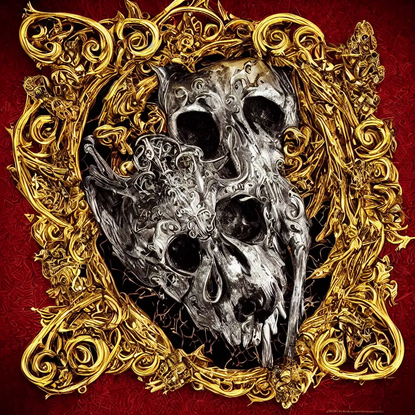 Image similar to photo portrait of skull of wolf, lying on bones, dramatic lighting, circural, golden ornaments, symmetric, intricate skeletal decorations, symmetry, highly detailed, concept art, black, red, white, gold layers, centered, style of nekroxiii, hyperrealistic, dark background, smoke