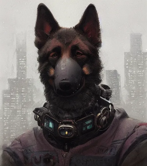 Image similar to new york city portrait of furry anthro anthropomorphic german shepard head animal person fursona wearing clothes strange cybernetic muzzle gloomy rainy cyberpunk 2077 digital art by Greg Rutkowski, Simon Stalenhag, christopher nolan trending on Artstation, CGSociety