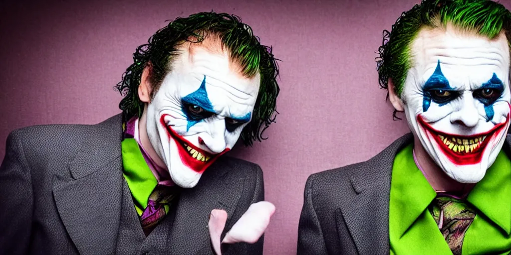 Image similar to joker wearing a suit style, photograph, grinning, creepy,