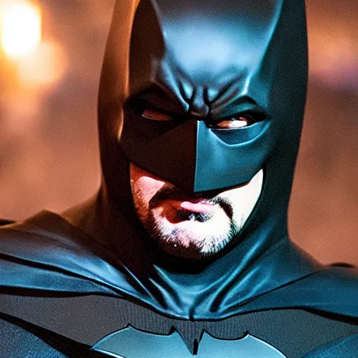 Prompt: Film still of Kevin Smith as Batman in the new Batman movie