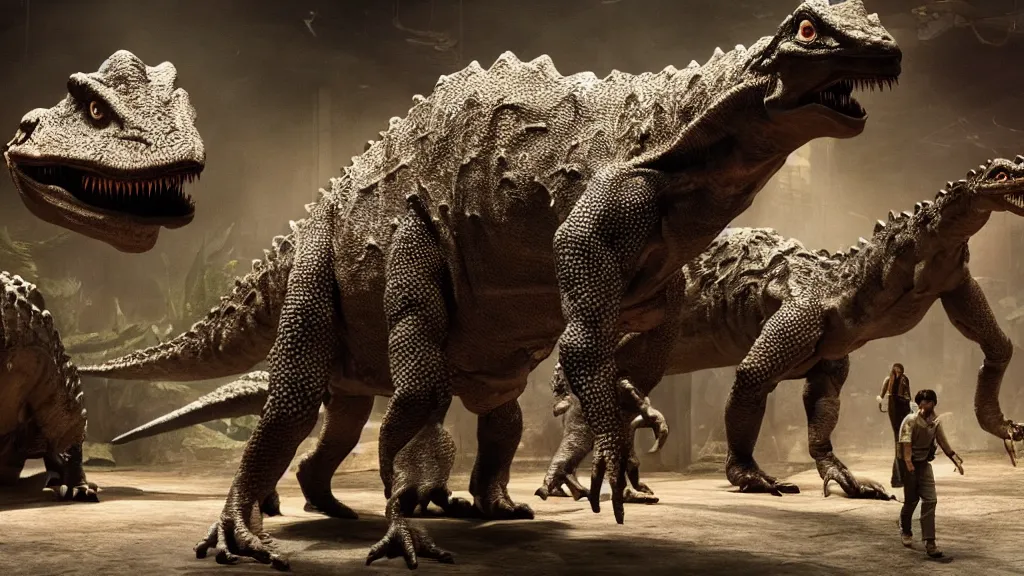 Image similar to movie scene of a group of draconian humanoid walking around the dinosaurs, reptil, reptilian, movie still, cinematic composition, cinematic light, criterion collection, reimagined by industrial light and magic, Movie by David Lynch and Ridley Scott