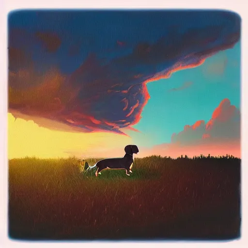 Image similar to a dachshund, surreal photography, cannabis field, sunset dramatic light, impressionist painting, colorful clouds, blue sky, digital painting, artstation, simon stalenhag