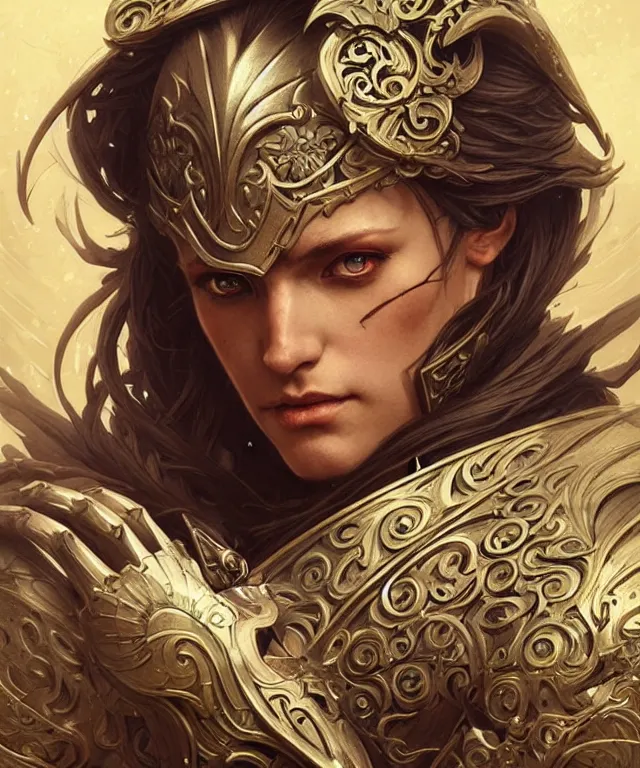 Image similar to Muscular and powerful medieval knight portrait, art nouveau, fantasy, intricate flower designs, elegant, highly detailed, sharp focus, art by Artgerm and Greg Rutkowski