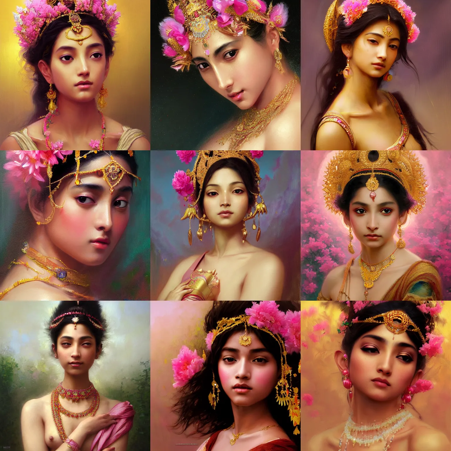 Prompt: expressive oil painting, of indian princess, smooth glowing skin, ornate headpiece made from pink flowers, glamour shot, by yoshitaka amano, by bouguereau, by greg rutkowski, by jeremyg lipkinng, by artgerm, digital art, octane render