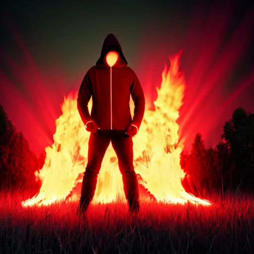 Prompt: feuer auf einer wiese. super realistic 8 k render of a dark hooded powerful elegant, cinematic composition