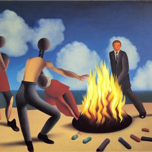 Prompt: insane dances around the campfire, oil painting rene magritte