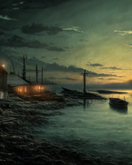 Image similar to a beautiful photorealistic illustration of nature abandoned fishing village by caspar david friedrich, extraterrestial nature at night neon noir neon signs water cloudy studio ghibli hyperrealism, archdaily, wallpaper, highly detailed, trending on artstation.