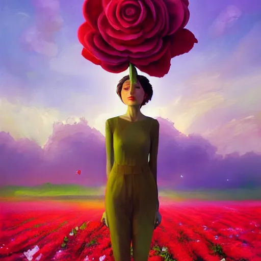 Image similar to giant rose flower head, full body girl standing in a flower field, surreal photography, sunrise, dramatic light, impressionist painting, colorful clouds, digital painting, artstation, simon stalenhag