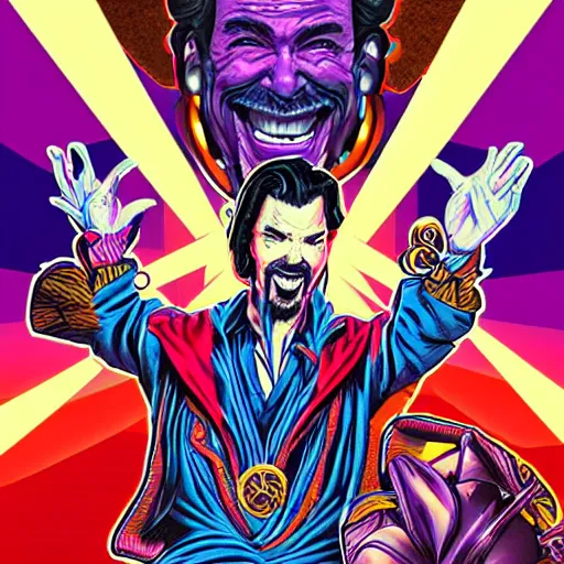 Image similar to artgerm, psychedelic laughing cybertronic dr. strange, rocking out, headphones dj rave, digital artwork, r. crumb, svg vector