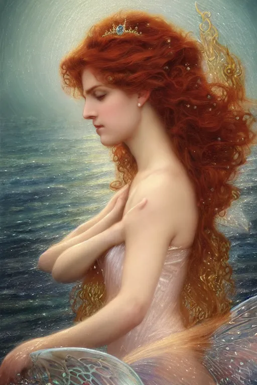 Image similar to a portrait of elegant beautiful queen of the water fairies, gossamer wings, hair made of ocean waves, illustration, dramatic lighting, soft details, painting oil on canvas, art nouveau, octane render, HDR, 4k, 8k, HD, by Edmund Blair Leighton, Brom, Charlie Bowater, trending on artstation, faces by Otto Schmit