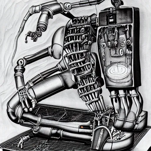 Image similar to a robot with a creepy smile laying down performing an operation on itself, metal, intricate, by h. r. giger