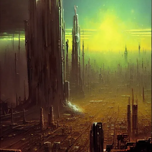Prompt: post apocalyptic Coruscant, plague, artstation by les edwards