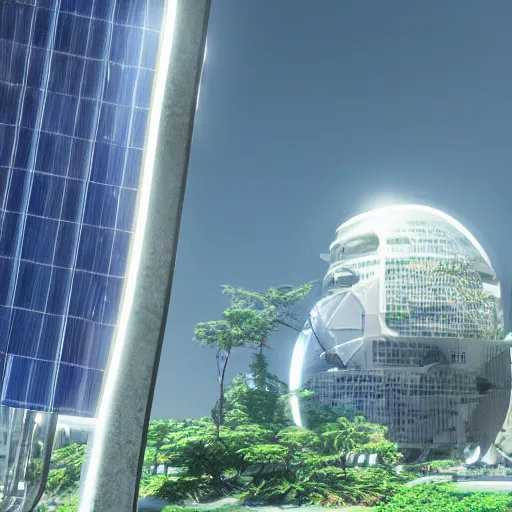 Image similar to A photo of a Futuristic, Solarpunk, Trinidadian Capitol, photorealistic, 4K