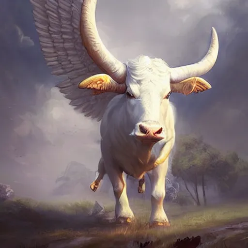 Image similar to a white bull with angelic wings, epic fantasy digital art, fantasy style art, by Greg Rutkowski, fantasy hearthstone card art style