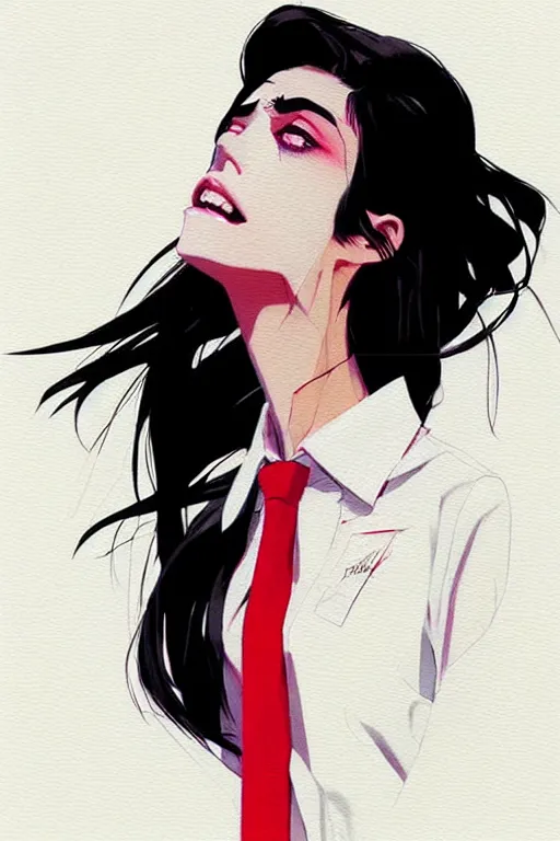 Image similar to a ultradetailed beautiful panting of a stylish woman wearing a shirt with a tie, she has black hair, by conrad roset, greg rutkowski and makoto shinkai, trending on artstation