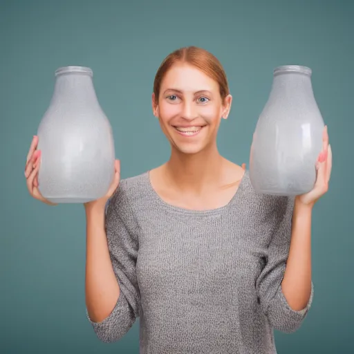 Image similar to woman holding 2 giant jugs while smiling, photorealistic, studio