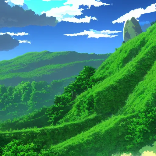 Prompt: green hills from an anime movie in the style of Surendra Rajawat on ArtStation, 4k,