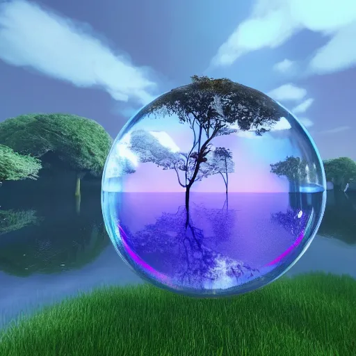 Prompt: one giant water bubble carrying the tree of live, make the water bubble slightly bigger. Change the ground to grass. Make the leaves from the tree purple, LOTR of style, unreal engine, 8K