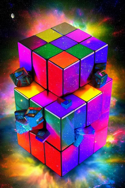 Image similar to four dimensional cosmic rubik's cube hypercube tesseract with wormholes, energy and galaxies around it. epic, dramatic, cinematic, digital art, octane render, blender, 8 k, hyperrealistic, trending on artstation