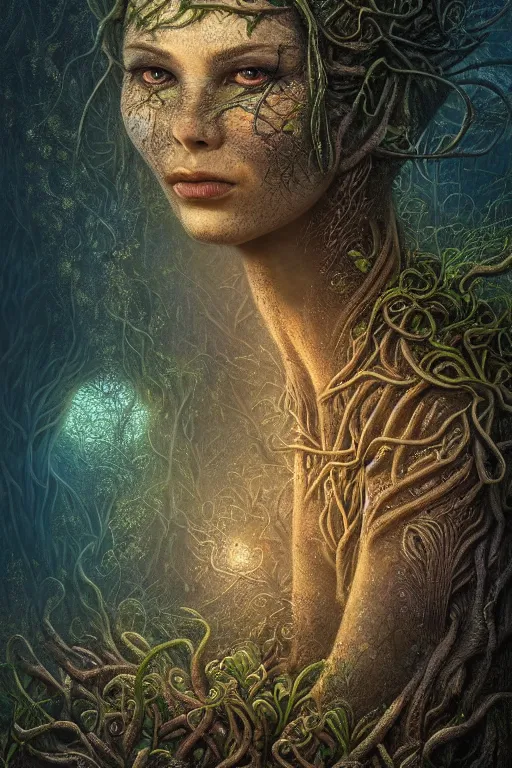 Prompt: a stunning ultra detailed fantasy fine art closeup photo of te fiti in a barren sinuous forest surrounded by fireflies, by tomasz alen kopera and anna dittman, night, very detailed, deep depth of field, 3 5 mm lens, soft lighting, artstation, highly coherent, 8 k