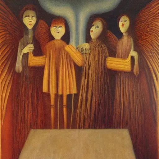 Prompt: a new, original piece by remedios varo, oil on canvas, surreal characters, angels