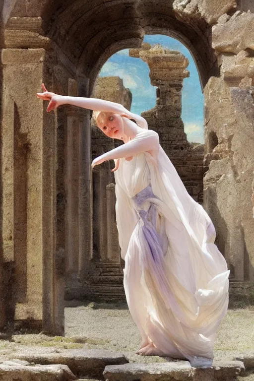 Image similar to ethereal girl dancing amidst ancient ruins in the style of john singer sargent