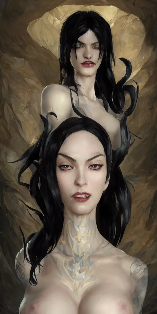 Image similar to tall woman with black hair and pale skin, from league of legends, as human, au naturel, hyper detailed, digital art, trending in artstation, cinematic lighting, studio quality, smooth render, unreal engine 5 rendered, octane rendered, art style by klimt and nixeu and ian sprigger and wlop and krenz cushart!