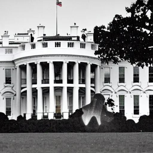 Prompt: UFO crash on the White House lawn. 1940s photograph.