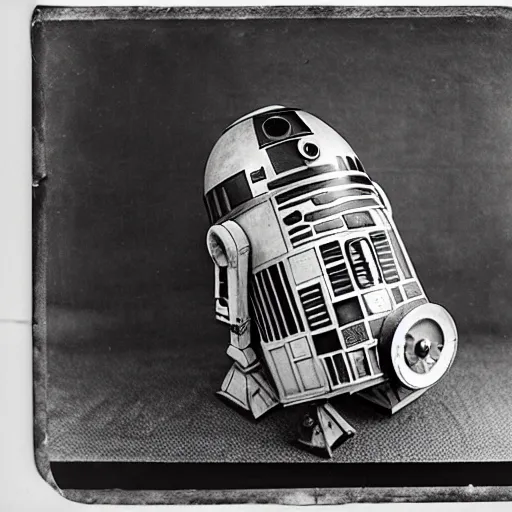 Prompt: Tintype photograph of R2D2 displayed in an ethnographic museum, archive material, anthropology, 1920s studio lighting.