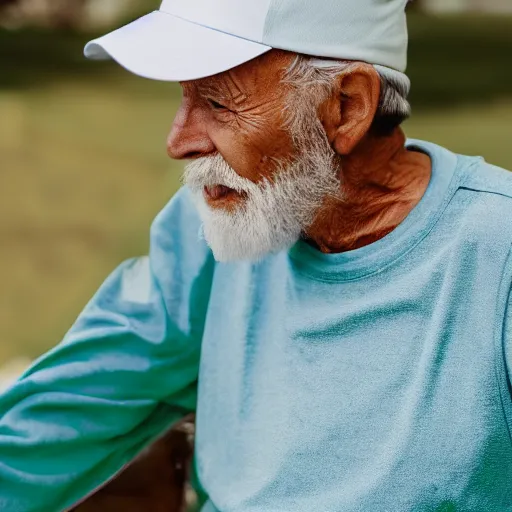 Image similar to old man wearing green shirt, blue cap, white hairs