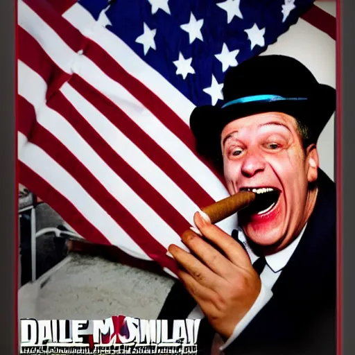 Prompt: Mob boss laughing maniacally, smoking a cigar, american flag in background, award winning photo by DALLE