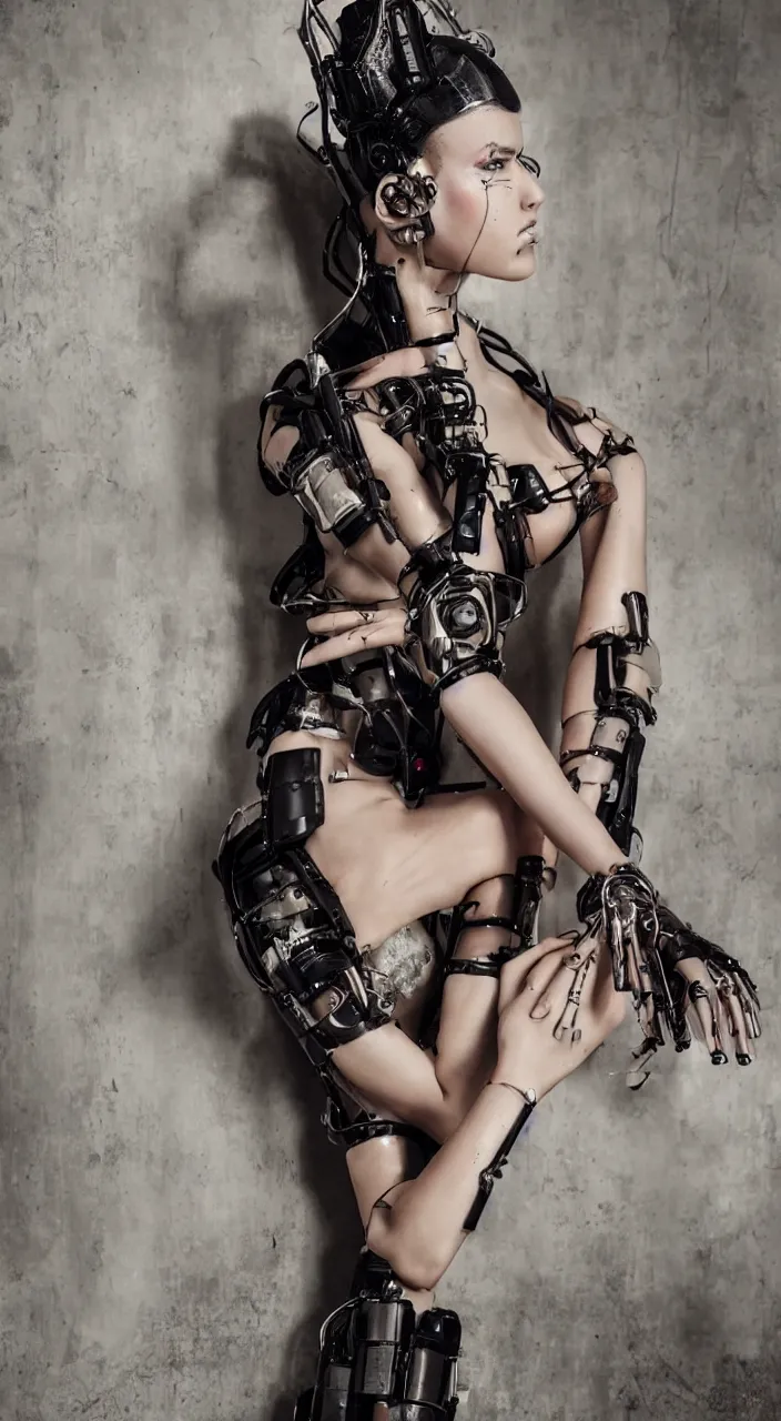 Prompt: android, cyberpunk, artificial limbs, vogue photoshoot, glamour, long dress