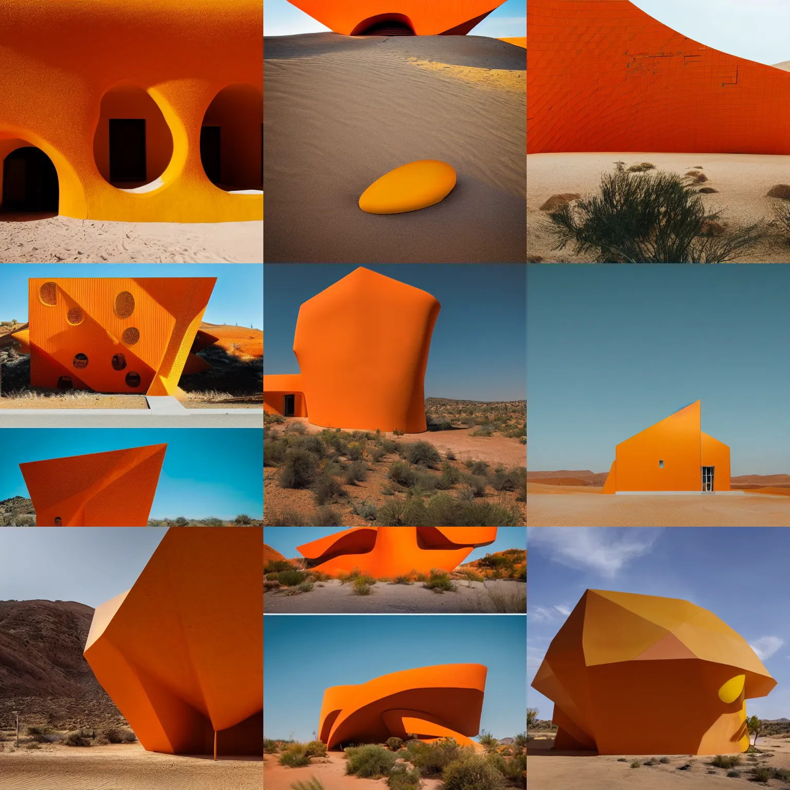 Prompt: archdaily architectural photography of a fun building that looks like an orange and yellow lizard in the middle of a desert