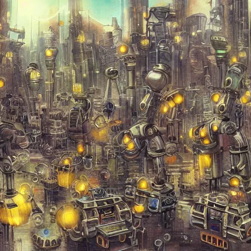 Prompt: robot city, steampunk art