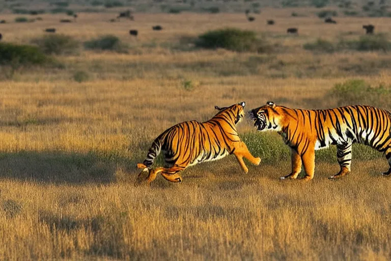 Image similar to tiger in the left, antelope in the right, the antelope is chasing the tiger, golden hour, 6 0 0 mm, wildlife photo, national geographics