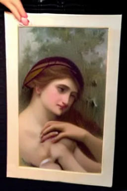 Prompt: teenage girl looking at her phone in the style of bouguereau, classic painting,