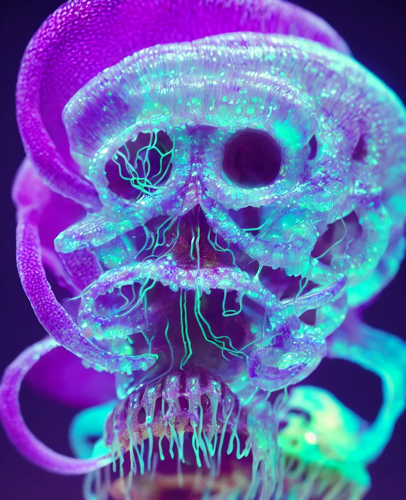 Image similar to close-up portrait. dichroic orchid jellyfish skull, betta fish, bioluminiscent creatures, intricate artwork by Tooth Wu and wlop and beeple. octane render, trending on artstation, greg rutkowski very coherent symmetrical artwork. cinematic, hyper realism, high detail, octane render, 8k