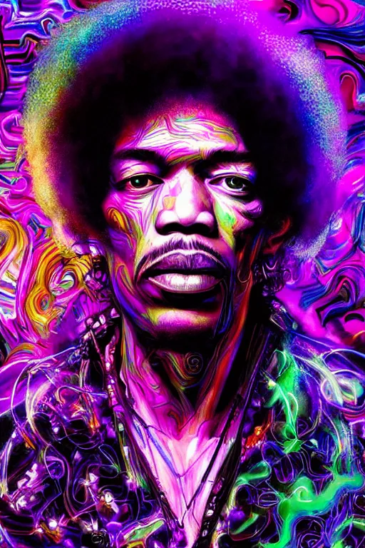 Prompt: A Weirdcore Mesmerizing 8k hyperrealistic portrait of cyberpunk Jimi Hendrix, floating in spirals of iridescent mycelum, surrounded by purple haze, neon lines, by Ayami Kojima, Daytoner, Greg Tocchini, James Jean,Yoshitaka Amano