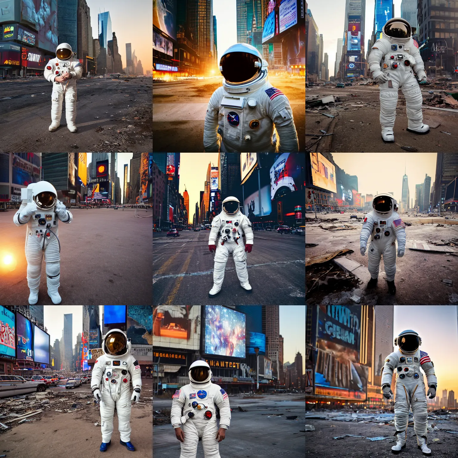 Prompt: american white spacesuit astronaut with oversized helmet in postapocalyptic abandoned destroyed times square, destroyed buildings, 4 0 0 mm, bokeh, sunrise, by steve mccurry, by nasa