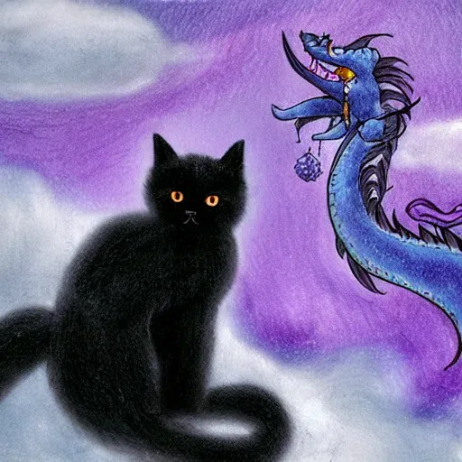 Prompt: super detailed black fluffy cat riding a purple dragon in a storm, ultrarealistic, highly detailed, soft colors